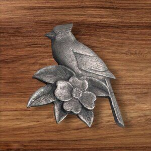 Vintage Pewter Bird & Flower Brooch Nature-Inspired cardinal bluejay